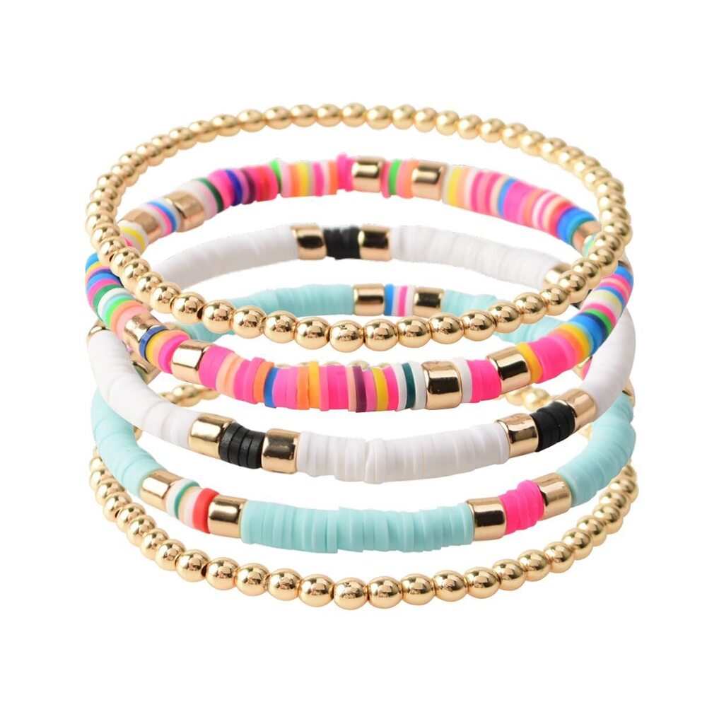 Surfer Heishi Clay Bead Bracelets for Women Bohemian Stackable Gold